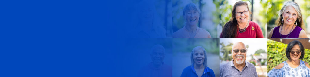 A collage of smiling older adults against a blue gradient background, with six people clearly visible and others faded into the background.