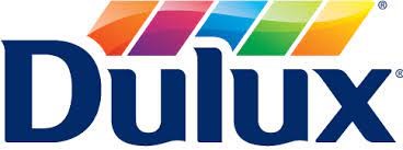 Dulux logo with blue text and four diagonal color swatches in red, pink, blue, green, and yellow above the letters.