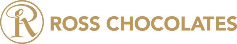 Ross Chocolates logo featuring a gold stylized "R" in a circle, followed by the text "ROSS CHOCOLATES" in bold gold letters on a light background.
